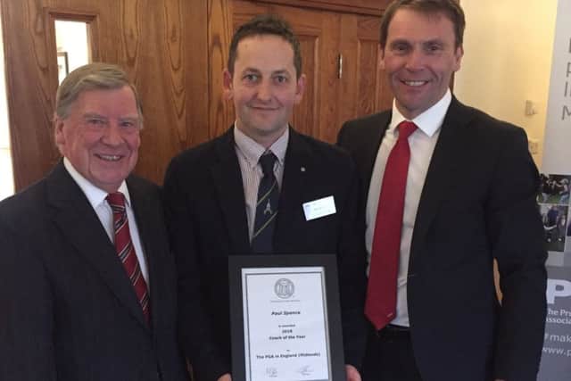 Paul (centre) collects his Midlands PGA award from Robert Maxfield, chief executive of the PGA, and his mentor Eric Sharp EMN-190131-114745002