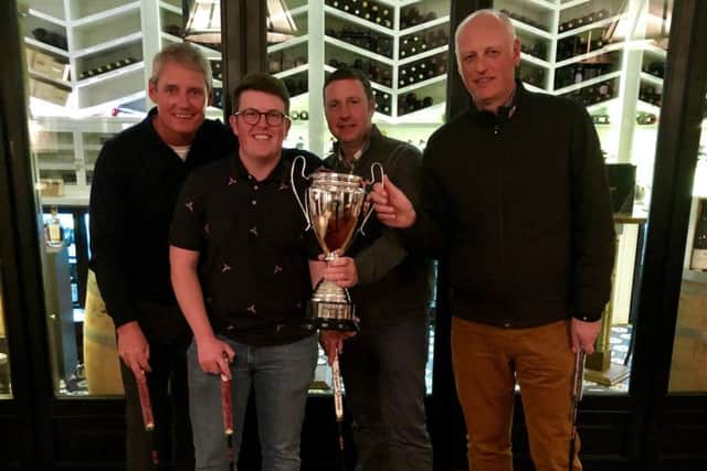 Dave Coupland (second left) celebrates with his teammates Simon Elkington, Trevor Newton and David Cartwright.