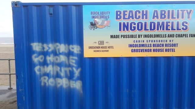 A unit containing beach wheelchairs for the disabled has been sprawled with graffiti, along with other places along the promenade.by ANL-190402-144812001
