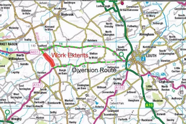 Work will be carried out next month on the B1225 Caistor High Street between Ludford and Burgh on Bain, as highlighted.