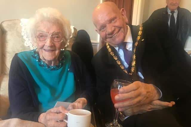 Gladys Waite celebrating her 107th birthday with the Mayor of Skegness Coun Sid Dennis.