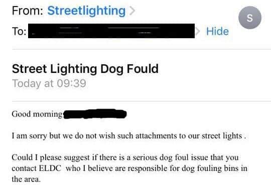 The original email response from Lincolnshire County Council's streetlighting team.