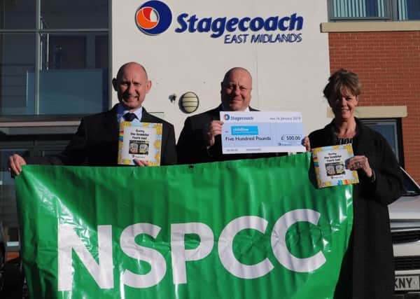 Pictured (from left) Richard Kay, operations director for Stagecoach East Midlands, Mick Forbes, engineering director for Stagecoach East Midlands, and Claire Campbell, community fundraising manager, for the NSPCC, who run Childline.