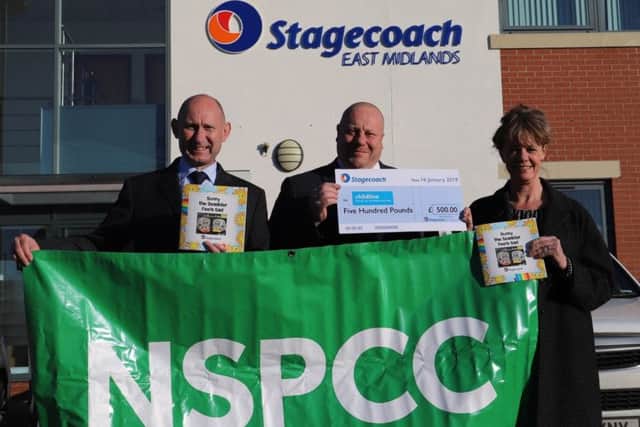 Pictured (from left) Richard Kay, operations director for Stagecoach East Midlands, Mick Forbes, engineering director for Stagecoach East Midlands, and Claire Campbell, community fundraising manager, for the NSPCC, who run Childline.