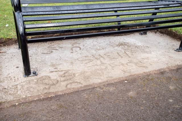 The damage to the concrete surrounding the memorial bench opposite Stanhope Hall, in Horncastle. Picture: John Aron. EMN-190221-110211001