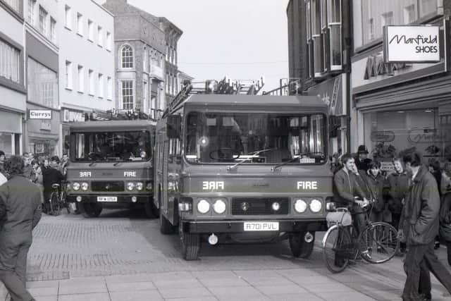 Fire engines gather in Strait Bargate following the outbreak at Manfield's in 1984.