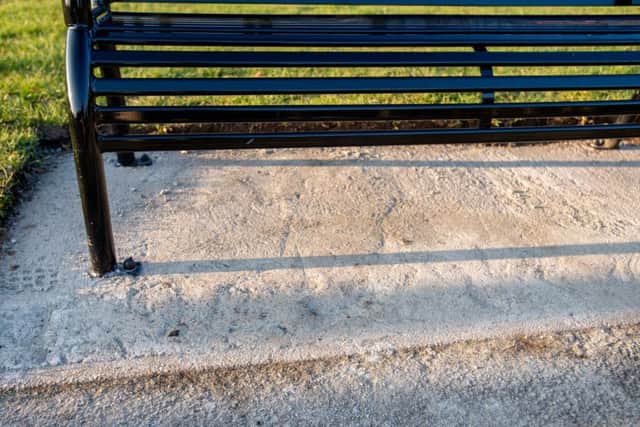 The concrete surrounding the memorial bench has now been relaid. Picture: John Aron.