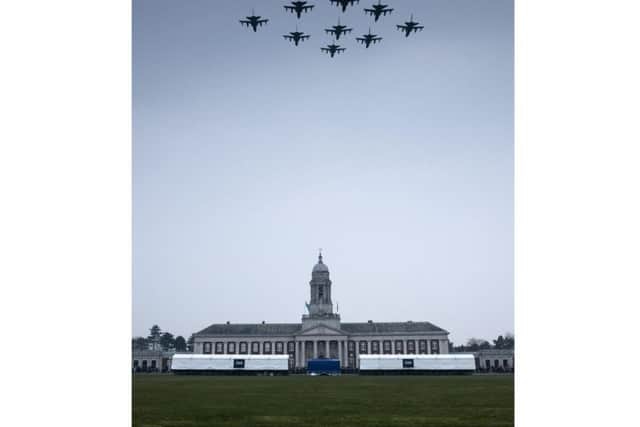 Nine Tornado aircraft swoop over College Hall at RAF Cranwell. Photo courtesy of RAF Cranwell.