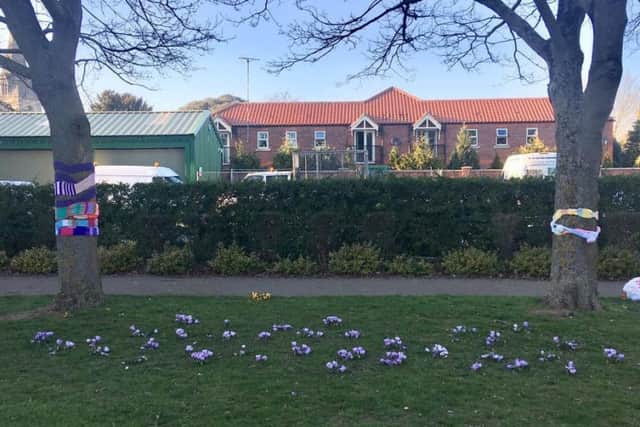 Spring is here. Yarn bombs by knitting groups add colour to Eastgate Green in Sleaford. EMN-191103-145213001