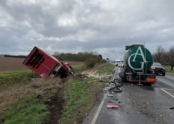 The scene of the collision between two lorries on the A17 at East Heckington this afternoon. Photo: Lincs Police. EMN-190603-154510001