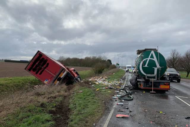 The scene of the collision between two lorries on the A17 at East Heckington this afternoon. Photo: Lincs Police. EMN-190603-154510001