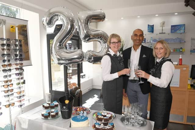 Lunettes Opticians, Sleaford, celebrating their 25th anniversary two years ago. From left - Louise McCarrick, Tushar Majithia - owner,and Janet Ratcliffe. EMN-191203-141820001