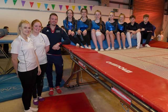 Big Jump Trampoline Club officially opened by Olympic trampoline coach Paul Greaves. From left - Stephanie Osborn, Katie Spencer and Paul Greaves with squad members Amy Patchett 13, Tasha Fortune 15, Evie Baldwin 13, Megan McMillan 13, Lucy Lloyd 11, Ryan McAndrew 13. EMN-191203-145248001