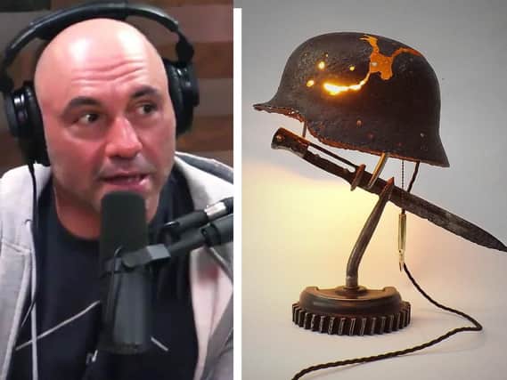 Joe Rogan, pictured with the 'Battle Lamp' which he bought from Boston artist Shane Martin.