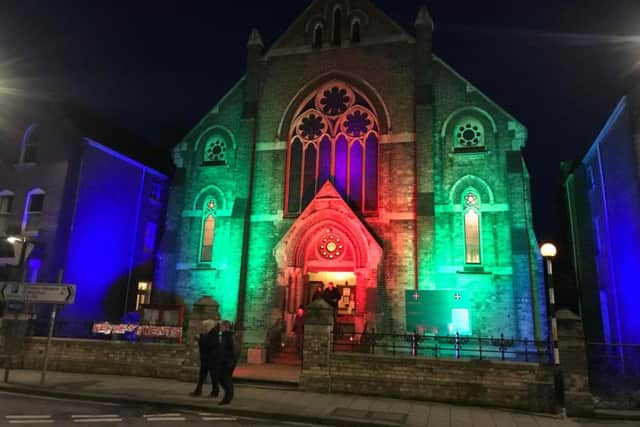 Spilsby Methodist Church bathed in colour for Spilsby Light Night.