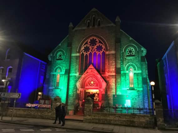 Spilsby Methodist Church bathed in colour for Spilsby Light Night.