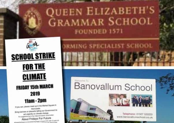 The strike poster (inset) alongside images of the town's two secondary schools.