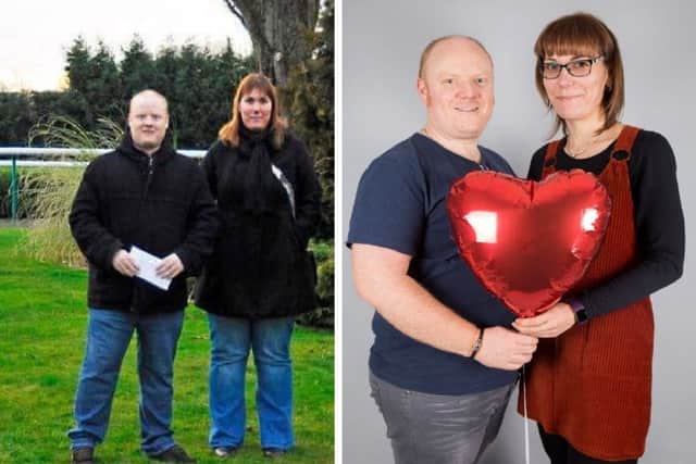 Kate Palmer pictured with her partner Ian before and after she dropped SEVEN dress sizes.