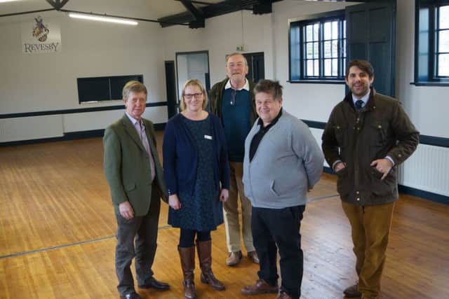 From left, John Roe, chairman of Revesby Country Fair; Avril Moore, hall secretary; Gavin Wiggins-Davies, representing the Revesby Estate; Jeff Bush, village hall chairman, and Peter Wiggins-Davies in the newly refurbished village hall at Revesby