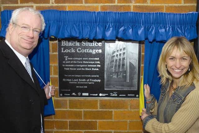 Environment Agency chairman Lord Chris Smith officially unveiling the Black Sluice Lock 10 years ago with Michaela Strachan.