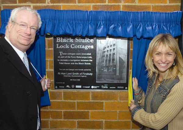 Environment Agency chairman Lord Chris Smith officially unveiling the Black Sluice Lock 10 years ago with Michaela Strachan.