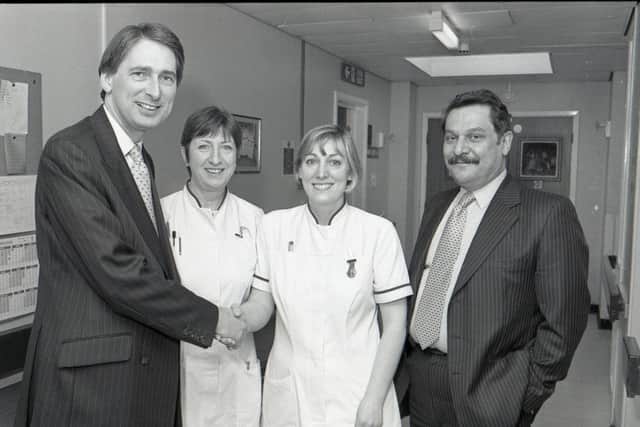 Philip Hammond, Tory Front Bench Spokesman on Health, during a tour of Pilgrim Hospital in 1999. He is pictured with consultant Mr H. Hassan and staff nurses Jane Barrell and Mandy Chambers in the A&E department.