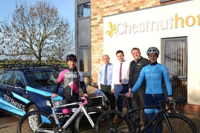 From left:, Cyclist Rebecca Durrell (last year's womens winnert), David Newton, Managing Director of Chestnut Homes; Rob Newton, Construction Director of Chestnut Homes; Dan Ellmore, Lincoln Grand Prix event, organiser and cyclist Jo Tindley EMN-190323-071138001