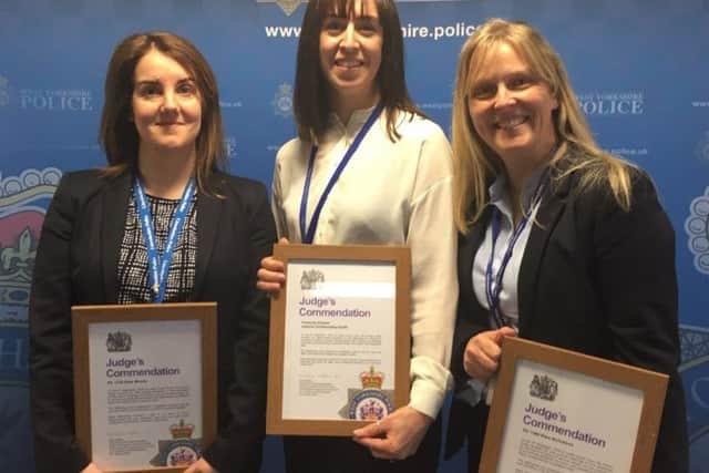 Awarded for their part in solving a case of police officer impersonation fraud. From left: Pc Kate Wood, Financial Investigator Jemima Cholmondeley-Smith, DS Kara Nicholson EMN-190104-105026001