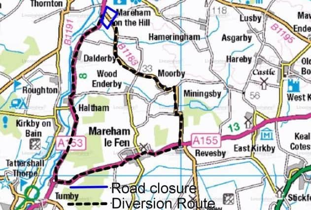 The diversion route for the B1183 Scrivelsby Road closure. EMN-190204-160825001