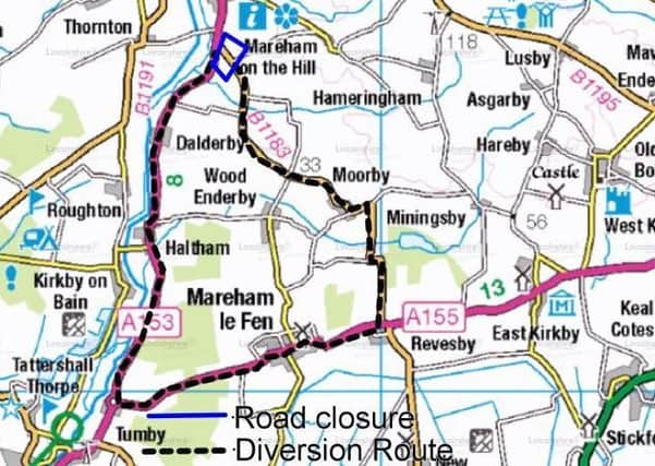 The diversion route for the B1183 Scrivelsby Road closure. EMN-190204-160825001