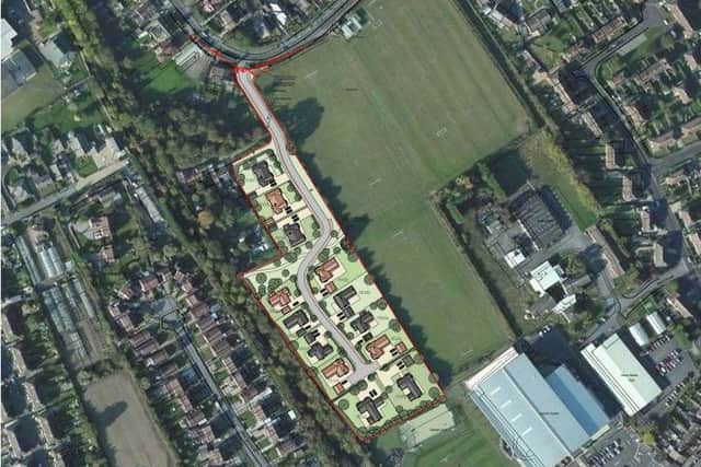 An illustrative plan of the proposed homes. For context, the Meridian Leisure Centre can be seen to the bottom-right.
