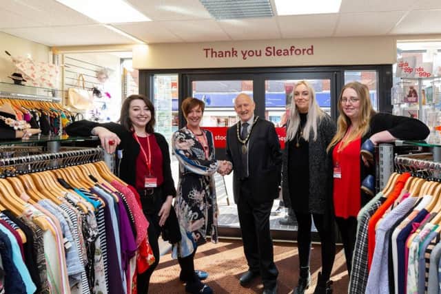 Mayor of Sleaford meets staff at the opening of the new British Heart Foundation shop in Sleaford. From left - Amelia Dobson (Assistant Manager at Sleaford), Maria Quirke (Store Manager at Sleaford), Coun Grenville Jackson (Mayor of Sleaford), Nicola Boone (Area Manager) and Hayley Fallon (Sales Assistant at Sleaford). EMN-191104-151618001