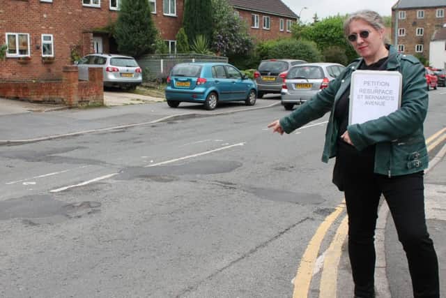 Councillor Ros Jackson with some of the potholes in St Bernard's Avenue.