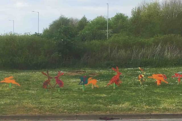 Are you Hare Aware? A collection of hares stretching across the roundabout on East Road, Sleaford. EMN-190430-094548001