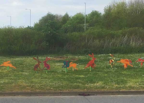 Are you Hare Aware? A collection of hares stretching across the roundabout on East Road, Sleaford. EMN-190430-094548001