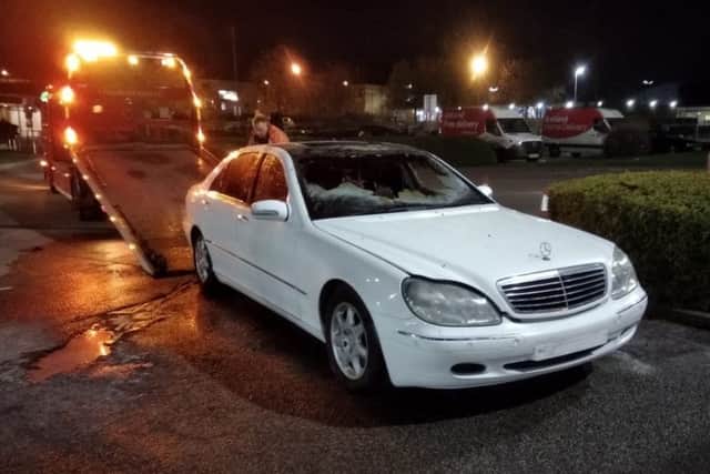 The fire damaged Mercedes, which formerly belonged to the Dubai Royal family. Photo Joseph Hayat.) EMN-190430-092616001