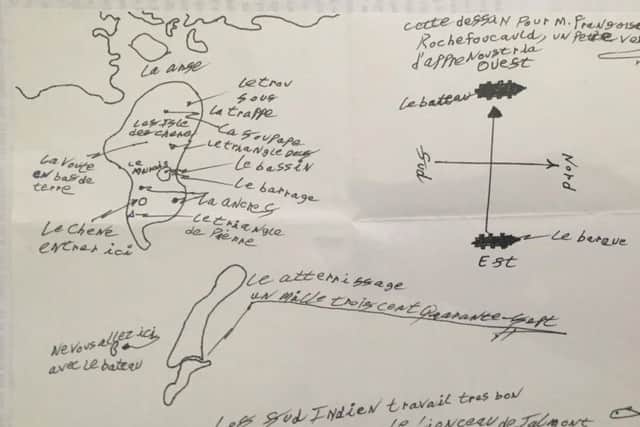 An old drawing of an alleged 1347 map presented on the show by the late researcher Zena Halpern. The map depicts Oak Island and writings in old French - a type of slang used between the 8th and 14th centuries. Some of the points of the map have been translated to read the hatch, the valve and the vault in the base of the earth. Interestingly, one pointing to the money pit area is said to read the oak, enter here.