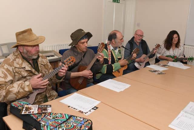 Ukulele workshop at The Source. L-RLloyd Rogers, Marco Magalhaes, Keith Collishaw, John Brightman, Joanne Moules EMN-190605-103439001