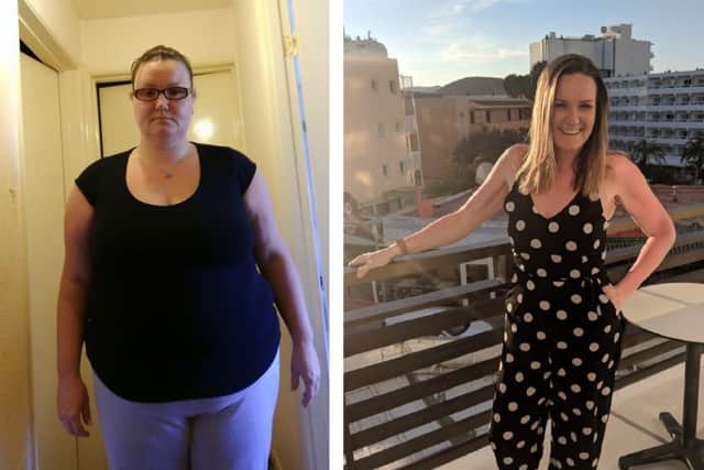 Charlie Petterson pictured before and after dropping a staggering TEN dress sizes, and over 8st in weight.
