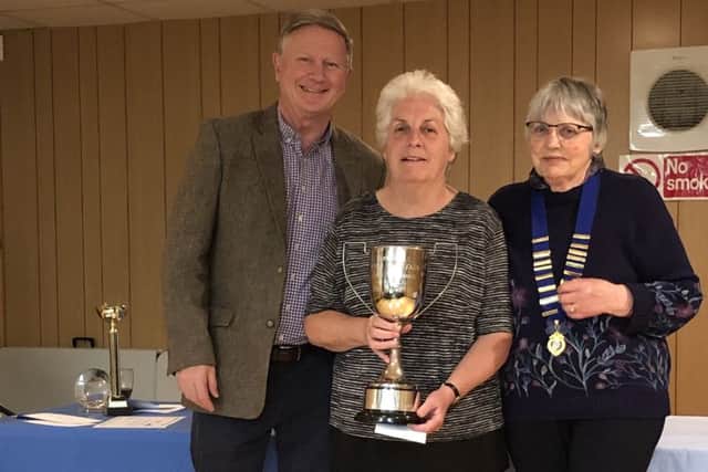 Steve Calver, Mary Johnson (Ladies's Singles winner) and Jill King (Club President).