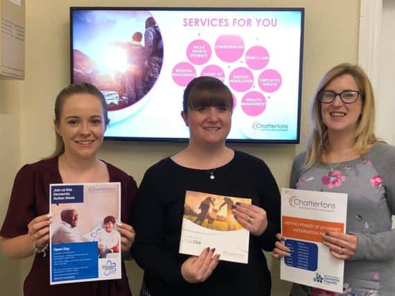 Here to help. From left - Gemma Baumber, paralegal with fellow Dementia Friends Champion Kate Twigg, Chattertons partner and solicitor and Georgie Harding, solicitor.