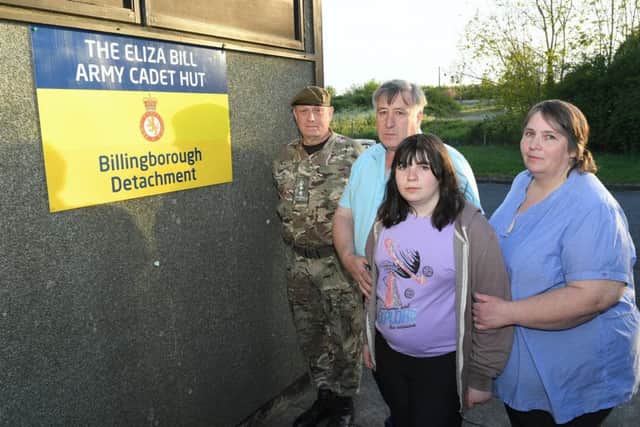 Renaming of Billingborough Army Cadet Hut, to the Eliza Bill Army Cadet Hut, after their member who died in a collision at Osbournby. Bill and Julie Bill with Lilly Bill 11 and Colonel Jeremy Field MBE, outside the cadet hut.