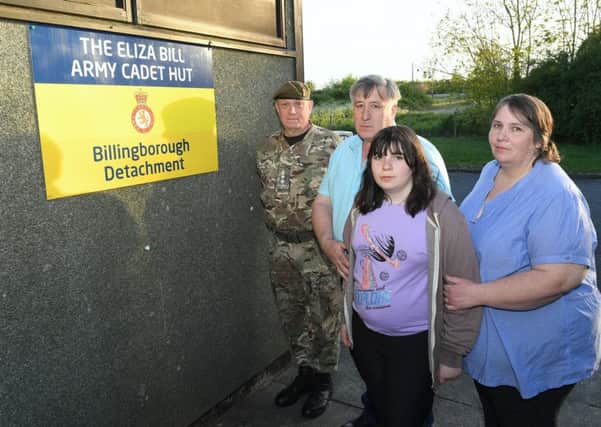 Renaming of Billingborough Army Cadet Hut, to the Eliza Bill Army Cadet Hut, after their member who died in a collision at Osbournby. Bill and Julie Bill with Lilly Bill 11 and Colonel Jeremy Field MBE, outside the cadet hut.