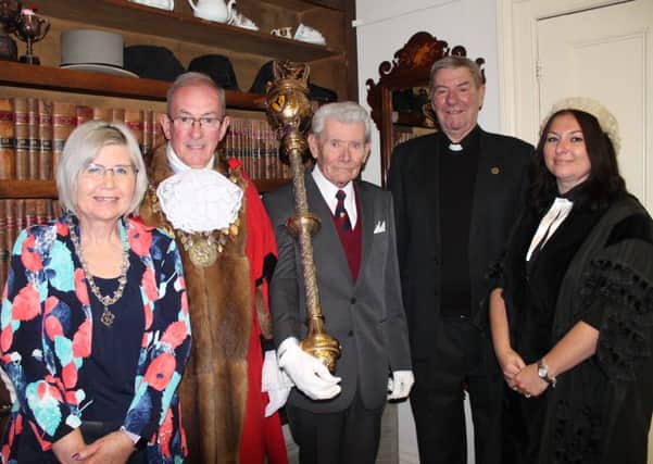 Councillor Fran Treanor with his wife Jane, his Serjeant Glenn Darnell, his Chaplain Father John Younger, and Town Clerk Lynda Phillips.