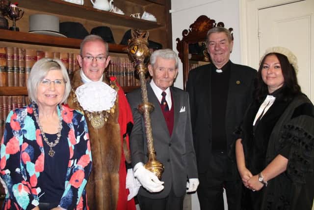 Councillor Fran Treanor with his wife Jane, his Serjeant Glenn Darnell, his Chaplain Father John Younger, and Town Clerk Lynda Phillips.