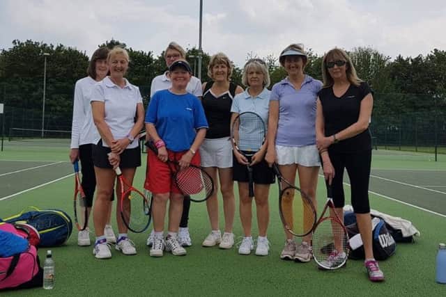 The senior ladies players Jeanette Turland, Pat Bird, Ros Elphick, Jenny Stone and their Spalding opponents.