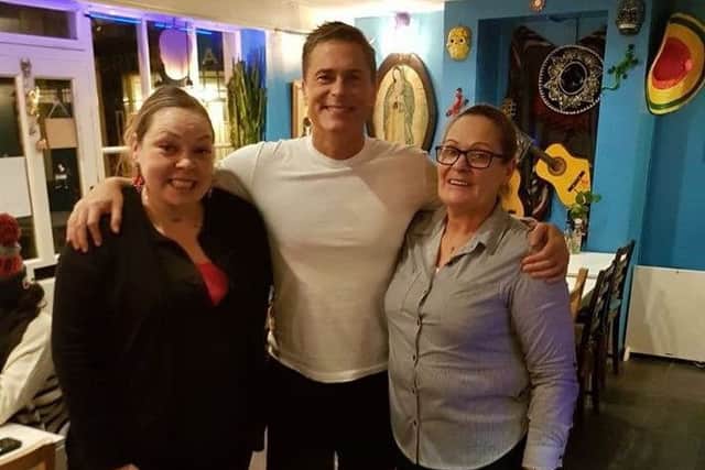 Wild Bill star Rob Lowe with Candida and her daughter Carla at Los Burritos.