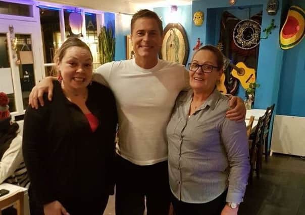 Wild Bill star Rob Lowe with Candida and her daughter Carla at Los Burritos.