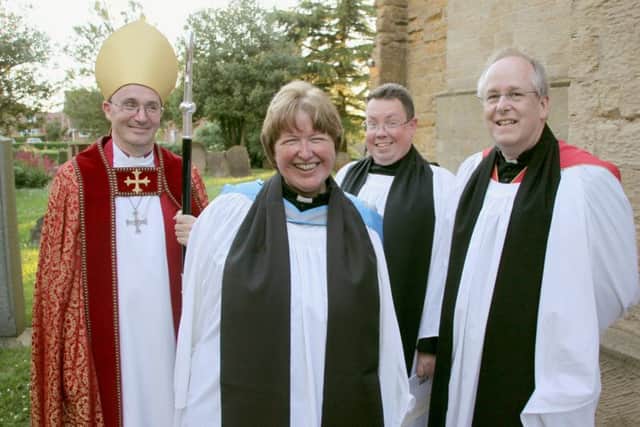 From left-: the Rt Rev Dr Nicholas Chamberlain, Bishop of Grantham; Archdeacon of Stow and Lindsey the Ven Mark Steadman; the Rev Marian Toyne and Rural Dean of West Wold the Rev Stephen Johnson EMN-190706-110106001