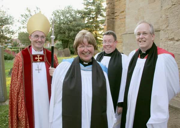 From left-: the Rt Rev Dr Nicholas Chamberlain, Bishop of Grantham; Archdeacon of Stow and Lindsey the Ven Mark Steadman; the Rev  Marian Toyne and Rural Dean of West Wold the Rev Stephen Johnson EMN-190706-110106001